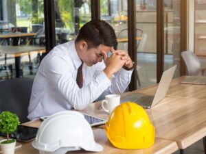 Tired construction worker sitting at his desk with his laptop, head in hands distressed.