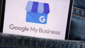 Google My Business logo on a mobile phone.