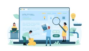 Illustration of cartoon people looking at a utility bill using a calculator, magnifying glass and coins. 