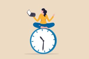 Illustration for young lady working with laptop while doing yoga sitting on a clock face.