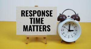 A white alarm clock next to a white sign sitting on a wooden easel displaying the phrase 'RESPONSE TIME MATTERS'.