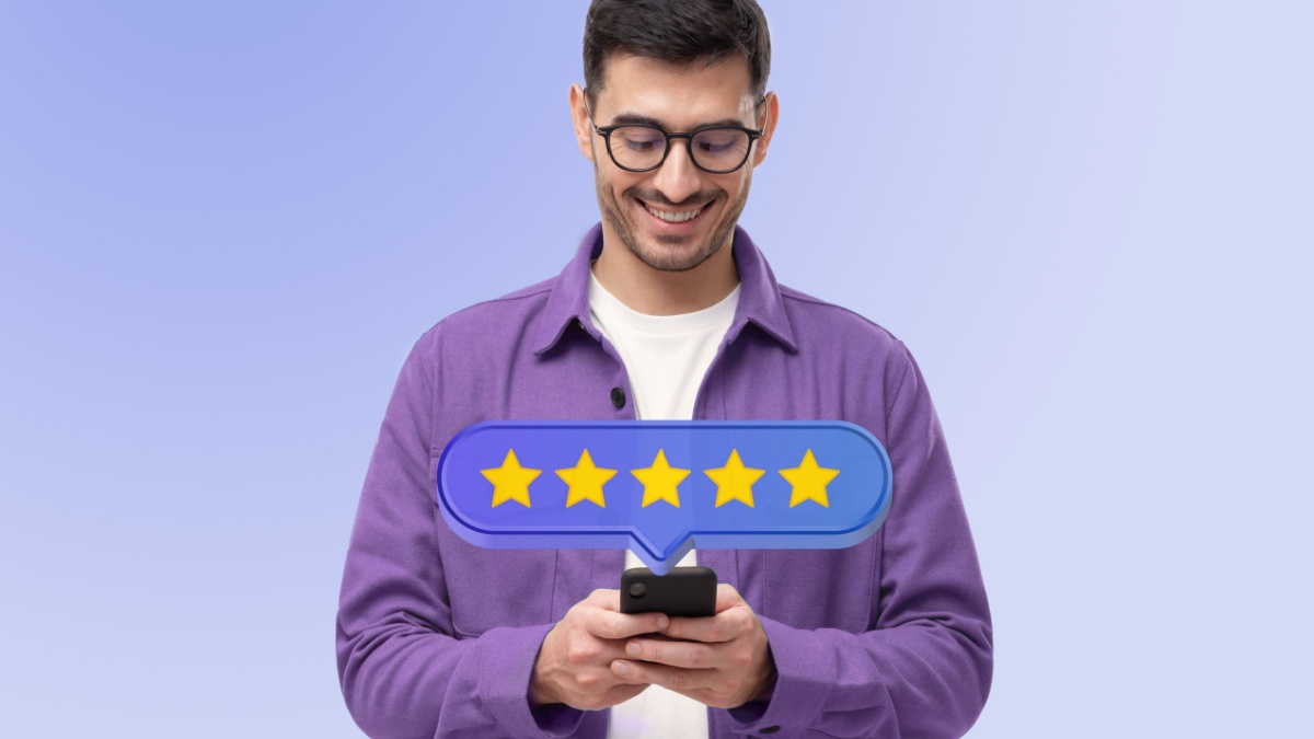 A person smiles while looking at a phone, appreciating the instant customer support. A digital overlay shows a five-star rating.